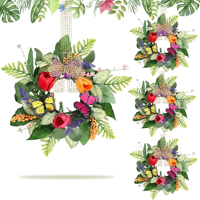 4 PCS Spring Lavender Tulips Hanging Wreaths for Kitchen Cabinets Artificial Small Floral Wreaths for Front Door with Butterfly Spring Summer Mini Wreath for Home Farmhouse Window Porch Wall Decor
