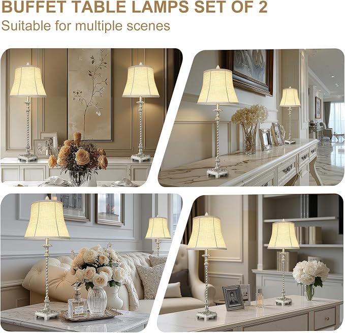 Candle Stick Buffet Table Lamp Set of 2, 33'' Vintage Nightstand Lamps with Silver Leaf Finish and White Linen Shades, 3-Way Dimmable Bulb Included, Country Style Bedside Lamps for Living Room Bedroom