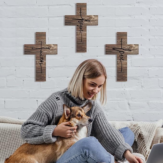 Jetec 3 Pieces Easter Faith Love Hope Cross Sign Crosses Wall Decor Wood Wall Hanging Rustic Cross Vintage Religious Love Art Decor Farmhouse Home Hanging Decorations, 12 x 8 Inch(Brown)