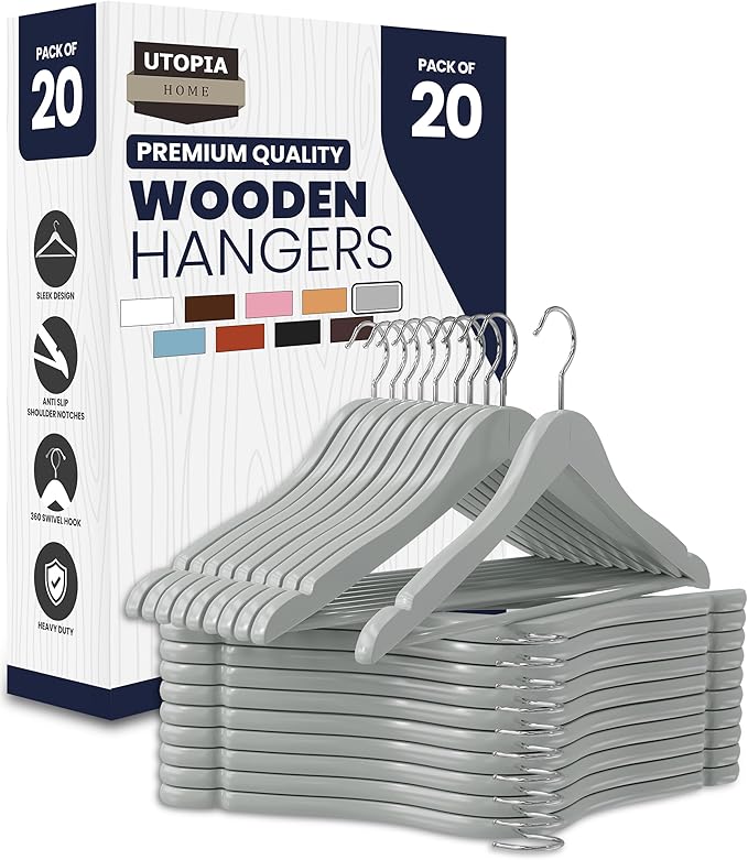 Utopia Home Premium Wooden Hangers 20 Pack - Durable & Slim Coat Hanger - Suit Hanger with 360-Degree Rotatable Hook - Wood Hangers with Shoulder Grooves (Grey Color)
