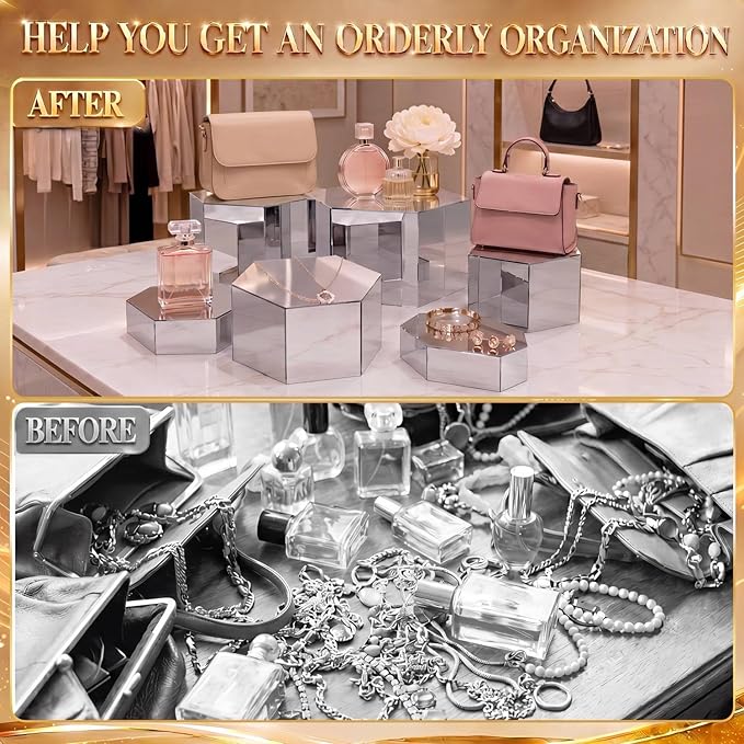 Geelin 6 Pack Acrylic Risers for Display Acrylic Cube Boxes Risers Display Stands with Hollow Bottoms Decorative Stand for Jewelry Candy Table Decor 6 Sizes (Sliver,7 to 12 Inch,Hexagonal)
