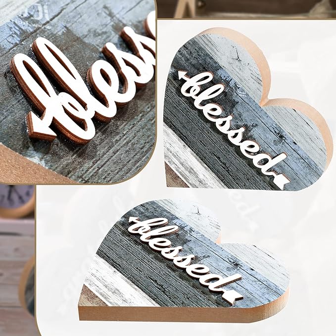 Jetec 2 Pcs Rustic Decorations for Living Room Home Shelf Mantel Entryway Table, Farmhouse Knick Knacks Christian Table Centerpiece Wooden Heart Decor for Dining Room Housewarming Gift(Grateful Style)