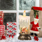 Christmas Snow Globe Candle with Timer & Music, Santa Flying with Reindeer Scene, Swirling Glittering Candle Shaped Snow Lantern, USB/Battery Operated Lighted Lantern for Christmas