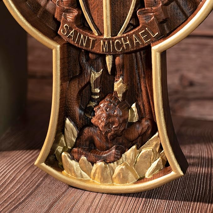 BGCOPPER Saint Michael Cross Wall Decor, Wooden Holy Trinity Crucifix Wall Cross, Jesus Cross for Wall Hanging Christmas Gift (20 Inch)