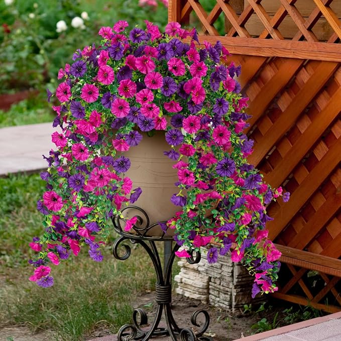 Fake Artificial Hanging Flowers for Outdoor, 2 PCS Silk Morning Glory Faux Flowers with Eucalyptus Leaves,Realistic Hanging Plants for Wedding Home Office Garden Decor