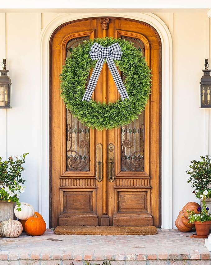 Vlorart 32" Faux Boxwood Wreath, Artificial Large Boxwood Wreaths Front Door, Spring Summer Waterproof Green Wreath Hanging with A Bow for Wall Farmhouse Outside Window Wedding Party Decor Year Round