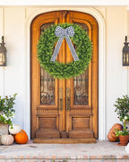 Vlorart 32" Faux Boxwood Wreath, Artificial Large Boxwood Wreaths Front Door, Spring Summer Waterproof Green Wreath Hanging with A Bow for Wall Farmhouse Outside Window Wedding Party Decor Year Round