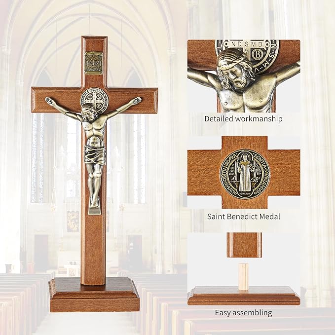 ACHIBANG 10.7" Wooden Standing Crucifix, Two-Way Catholic Jesus Cross Stand for Wall or Tabletop, Solid Faith Decor for Home