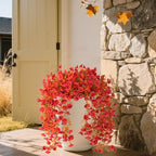 Fake Fall Hanging Flowers Artificial for Outdoor Decoration, 2 PCS Autumn Silk Faux Flowers Morning Glory with Eucalyptus Leaves, Realistic Hanging Plants for Wedding Home Office Garden Decor, Red