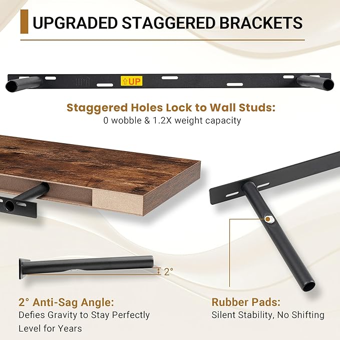 Vivelove 12" Deep Floating Shelves 47.2" Long, Wall Shelves for Living Room Bedroom Bathroom Kitchen Laundry Room, Farmhouse Rustic Shelves for Home Decor, 47.2" X 12" X 2" Set of 2, Rustic Brown