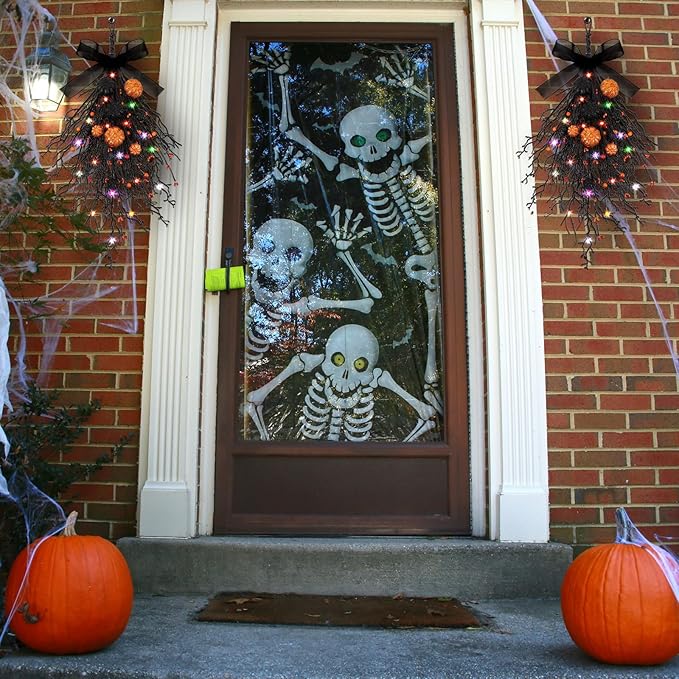 2 PCS Halloween Wreaths Halloween Floral Teardrop Swags Hanging Swag Plants Black Garland with Pumpkin Berries and 9.8ft Lights for Indoor Outdoor Party Wall Home Room Fireplace Porch Window Decor