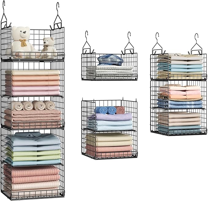 5 Tier Closet Hanging Organizer and Storage Separable Hanging Closet Shelves with 4 Hooks 2 Adjustable Dividers, Wire Storage Basket Bins for Clothing Sweaters Socks Dolls Handbags, Foldable