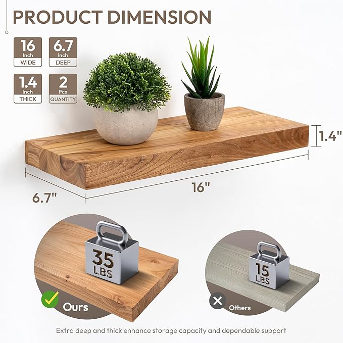 Marsmiles 16 inch Floating Shelves for Wall Solid Elm Wood Shelves|Rustic Wall Shelves with Heavy-Duty Invisible Bracket for Bathroom Living Room Kitchen|Natural, 2 Pack