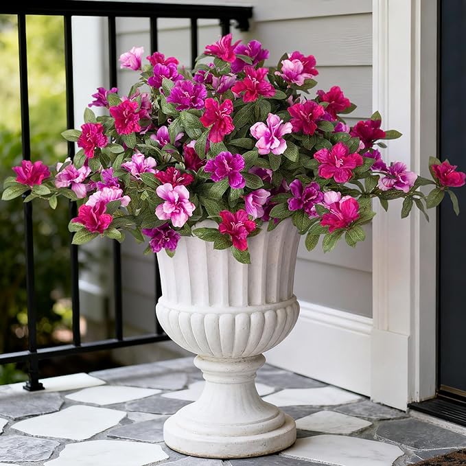 Artificial Fake Azalea Flowers for Outdoor Spring Decoration, Faux Silk Flower for Summer UV Resistant Look Real Plants for Garden Yard Porch Walkway Indoor Decor, 2PCS