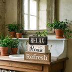 Lineshading 4 Pcs Bathroom Shelf Decor Sign Farmhouse Bathroom Decor and Accessories Rustic Eucalyptus Leave Wood Block Sign Gift Relax Renew Refresh Farmhouse Table Centerpiece for Home Office Toilet