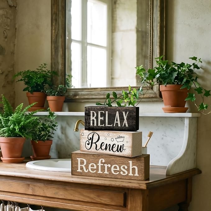 Lineshading 4 Pcs Bathroom Shelf Decor Sign Farmhouse Bathroom Decor and Accessories Rustic Eucalyptus Leave Wood Block Sign Gift Relax Renew Refresh Farmhouse Table Centerpiece for Home Office Toilet