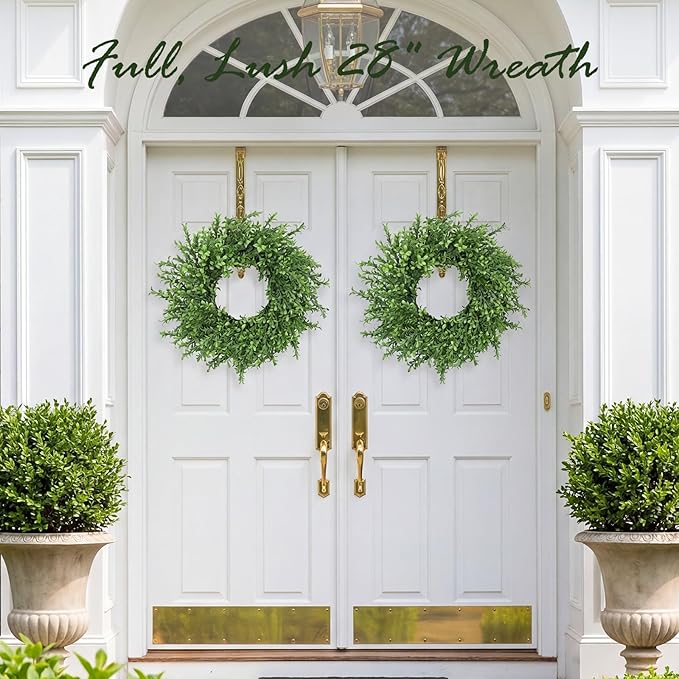 Artificial Boxwood Wreath, Spring Wreath for Front Door, Realistic Green Wreath for All Seasons Farmhouse Indoor Outdoor Home Decor (28 inches)