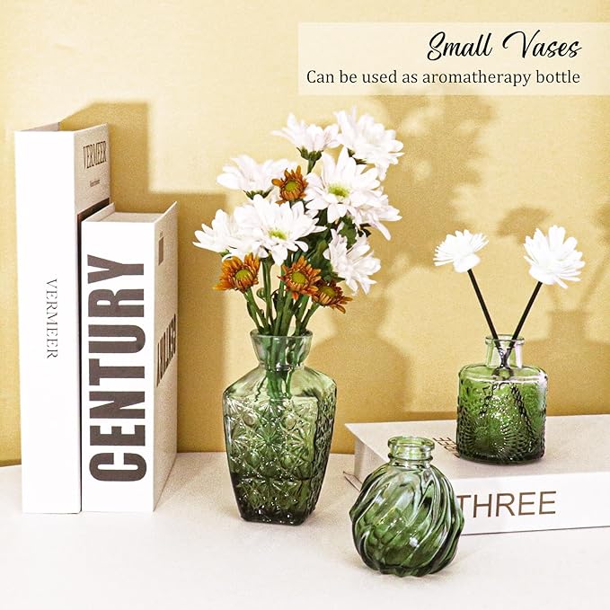 36Pcs Bud Vases Set Small Vintage Glass Bottles Bud Vases in Bulk Multiple Shape Cute Glass Vases for Rustic Wedding Centerpieces Table Decorations and Home Decor(Green)