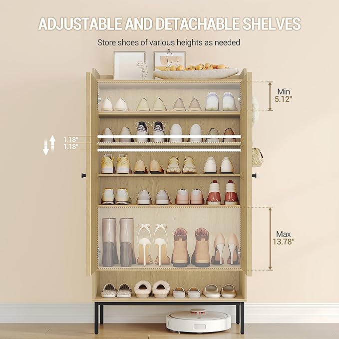 Shoe Cabinet with Doors, 7-Tier Shoe Storage Cabinet with Adjustable Shelves, Wooden Shoes Organizer Cabinets with Top Storage Layer, 28-32 Pairs, for Entryway, Hallway, Rattan SR68702Y