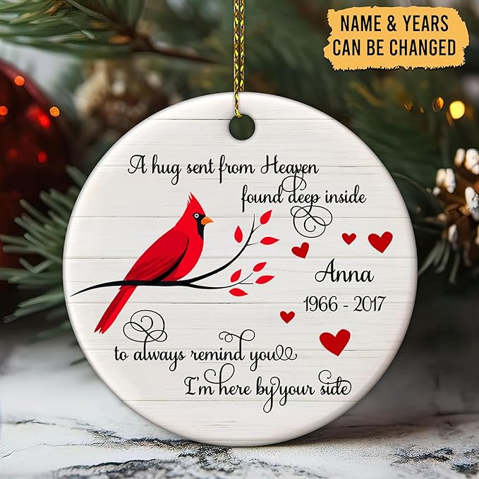 HYTURTLE Personalized Memorial Christmas Ornament Tree Decor Gifts for Family Loss of Loved One Mom Dad in Heaven, Sympathy Remembrance Bereavement Gifts, Cardinal Bird Custom Name Circle Ornament