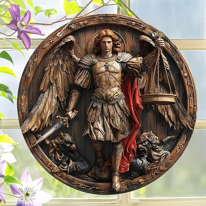 St. Michael San Miguel Arcangel Wall Pediments Home Decor Door Sign Plaques Hanging Pendant Decorations Batter Guard Angel Christian Religious Ornaments (M)