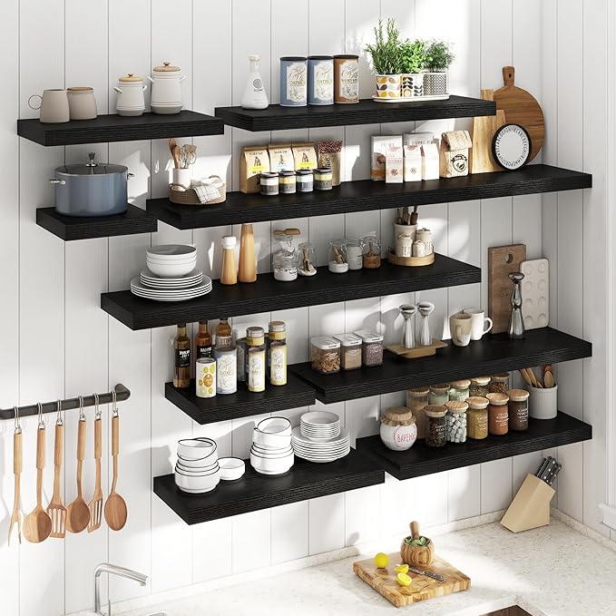 36 Inch Floating Shelves for Wall Set of 2, 12"D Wood Grain Bathroom Shelves with Invisible Brackets, Easy Install Engineered Wood Storage Shelves for Kitchen, Living Room, Bedroom, Black Finish