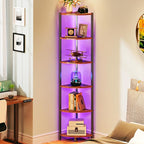 Corner Shelf with LED Lights, 6-Tier Corner Bookshelf, 66'' Organizer Book Shelf Shelves Steel Frame Display Stand with Living Room, Bedroom, Study, Rustic Brown