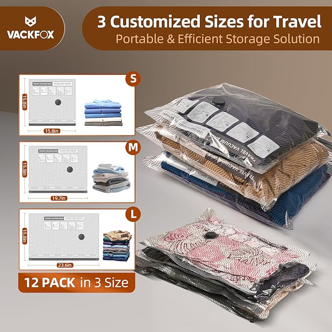 12 Pack Travel Vacuum Bags for Clothing,Compression Seal Packing Cubes for Suitcase Backpack,Vacuum Seal Bags for Clothing,Carry-on Size Space Saver Storage Bags 80% for Travel & Home（No pump）