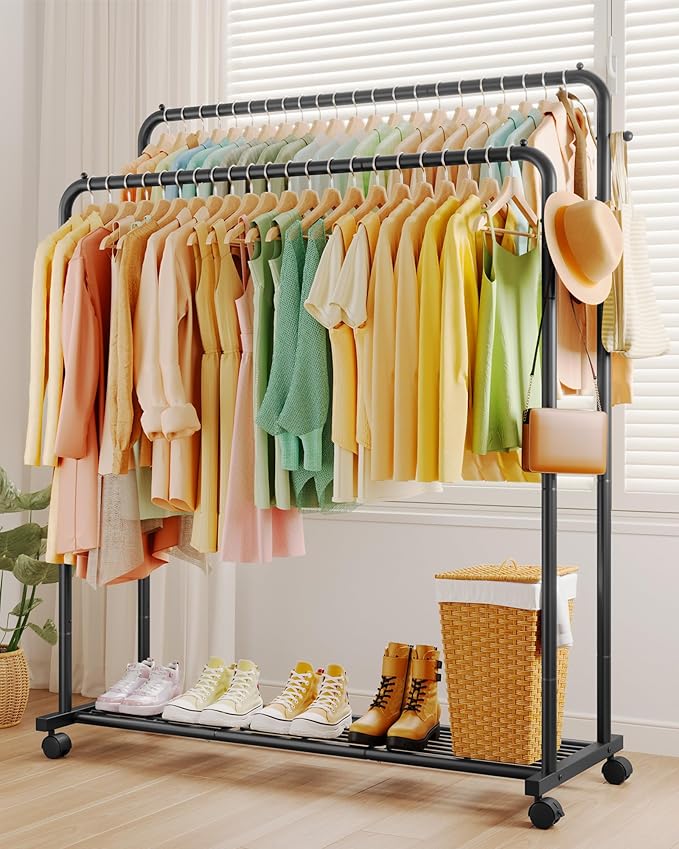 Clothes Rack - Double Rods Clothing Rack with Mesh Shelf, Hooks & Wheels, Metal Clothing Racks for Hanging Clothes & Bags, Multifunctional Garment Rack for Laundry, Black, 47.2" x 16.9" x 59.1"