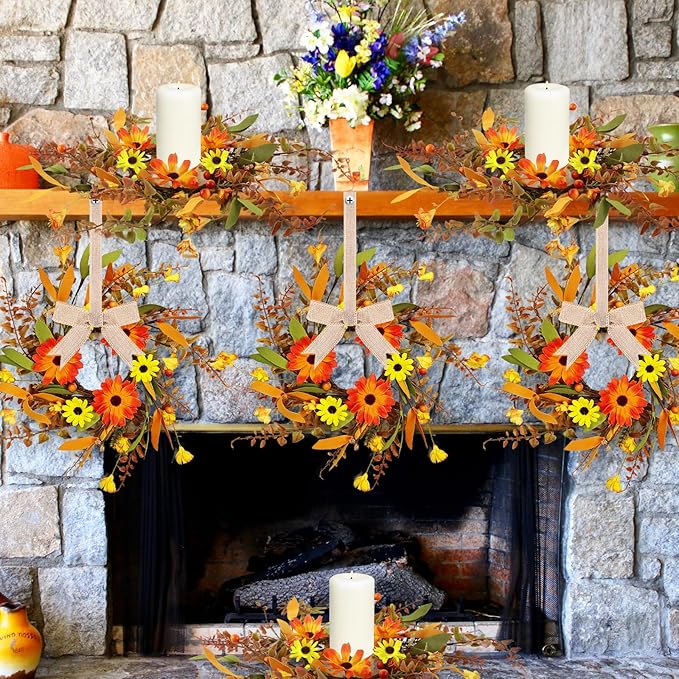 6 Pcs Mini Fall Autumn Swags Wreaths Thanksgiving Artificial Daisy Candle Rings Wreaths Autumn Cabinets Farmhouse Wreath with Ribbon for Pillar Front Door Porch Wall Window Decoration