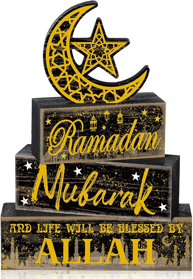 Moucuny 4 Pcs Ramadan Mubarak Table Decor Wooden Eid Mubarak Tabletop Signs for Home Black and Gold Muslim Islam Ramadan Mubarak Centerpiece for Islamic Gifts Kareem Home Table Decor