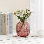 Large Pink Glass Vase for Flowers Ribbed Tall Pink Red Floor Vase 8.0" Decorative Vases for Home Table Centerpieces Flowers Decor and Farmhouse