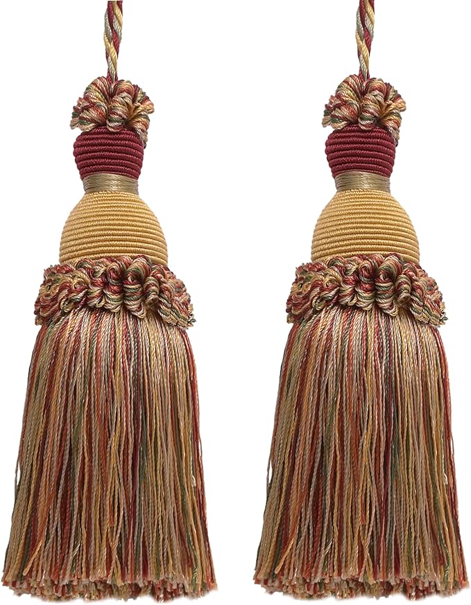 DÉCOPRO Beautiful Hand-Crafted 5" (12.5cm) Key Tassel, 3 1/2" (8.5cm) Loop # IKTJ, Cherry Grove Beige #4770 (Golden Beige, Rust Red, Olive Green) Set of 2