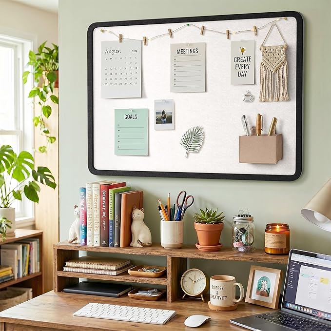Bulletin Board, 24 x 18 inches Decorative Felt Foldable Photo Pin Boards, Vision Board Cork Board Alternative for Walls, Office, Home, Classroom with Pushpins ＆ Small Storage Bag, Black