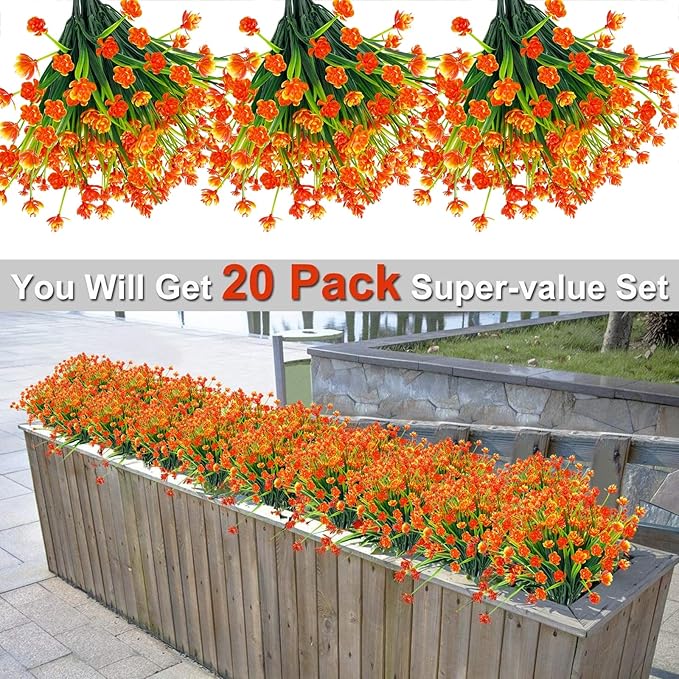 20 Bundles Artificial Flowers for Outdoors Spring Summer Decor-UV Resistant Fake Mums Faux Plants Plastic Flowers Greenery for Home Porch Gardens Fireplace Patio Indoor Outsides Decor(Orange Red)