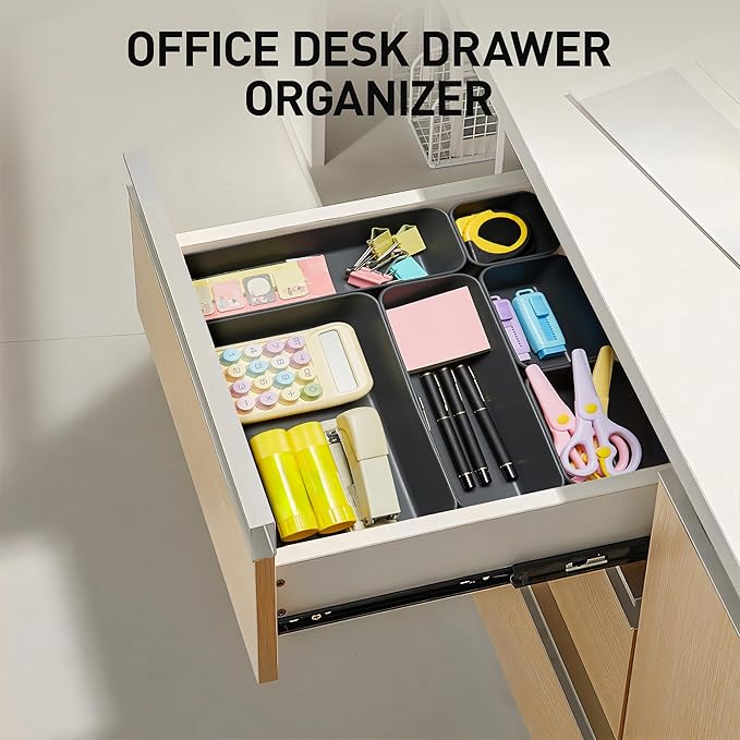 ISSEVE 8Pcs Nesting Silicone Drawer Organizer Trays, 4 Size Versatile Vanity Bathroom & Desk Drawer Organizer Set Storage Bins for Office,Kitchen,Nightstand,Black
