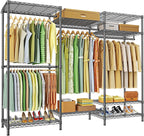 Ulif E13 Heavy Duty Clothes Rack（With 4 Hanger Rods & 8 Shelves） Freestanding Clothing Racks for Hanging Clothes，Adjustable Closet Organizer，Metal Garment Rack 63" W x16 D x77 H，Max Load 900LBS，Grey