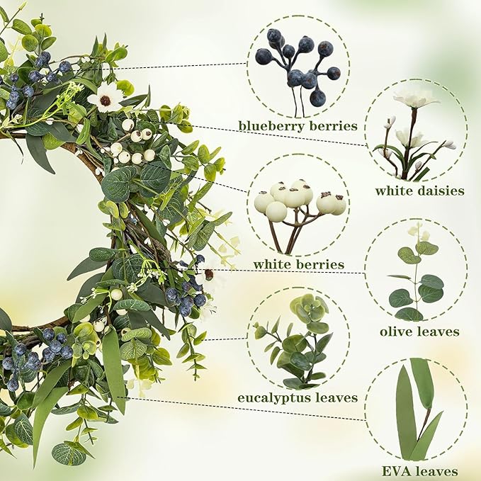 LZNPA 20 Inch Spring Summer Easter Wreaths for Front Door Eucalyptus Wreath with Blue Berries Elegant Durable Greenery Front Door Wreath for Outside Wedding Farmhouse Porch Wall Room Home Decor