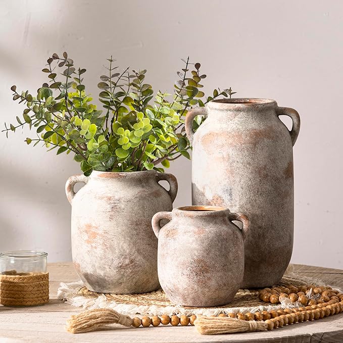 Ceramic Flower Vase Home Decor - 7.6 Inch Farmhouse Rustic Table Vases with Handle Living Room Decoration Decorative Vintage Pottery for Kitchen Shelf Coffee Dining Bookshelf Fireplace Centerpiece