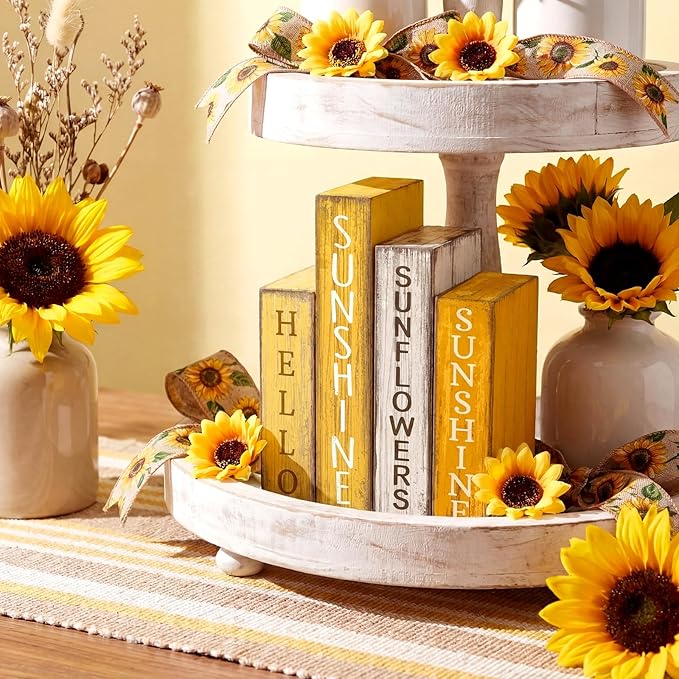 Lineshading 4 Pcs Summer Table Decoration Wooden Book Sunflower Decoration Yellow and White Summer Tiered Tray Decor Wood Book Sign Farmhouse for Home Shelf Coffee Table