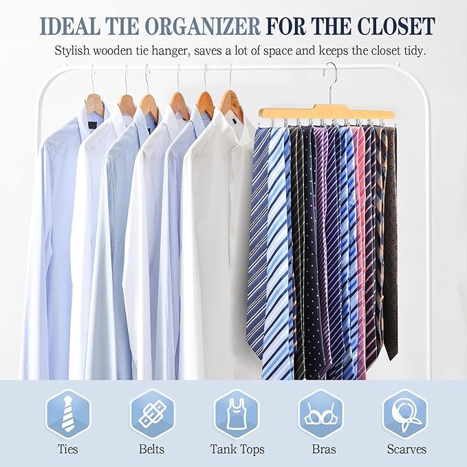 2PC Tie Rack Hanger for Closet Fitnice Upgraded Non Slip Tie Holder Organizer Space Saving with 20 Foldable Hooks Wooden Belt Hanger for Tank Tops Bras Cami Scarves