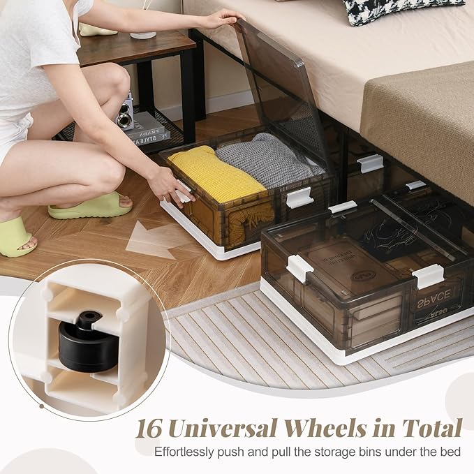 Giantex 53Gal Under Bed Storage Containers, 4 Pack Stackable Rolling Plastic Storage Boxes with Wheels & Lids, Clear Collapsible Storage Bins for Clothes, Shoes, Blankets (2)