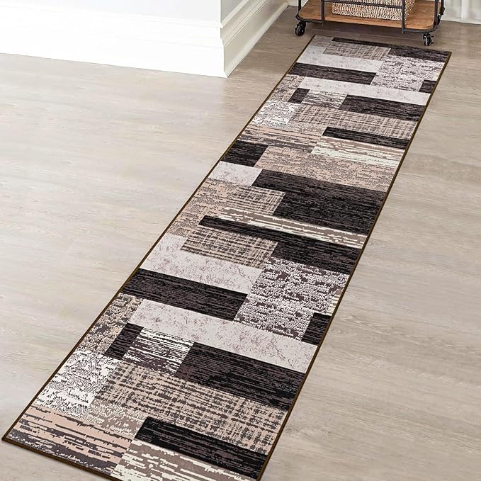 FlyDOIT Modern Geometric Patchwork Area Rug, 2.7x10 Chocolate Runner Rugs for Living Room, Rockwood Collection Indoor Rugs for Bedroom, Throw Carpet Floor Decor for Entryway Dining Room Office Nursery