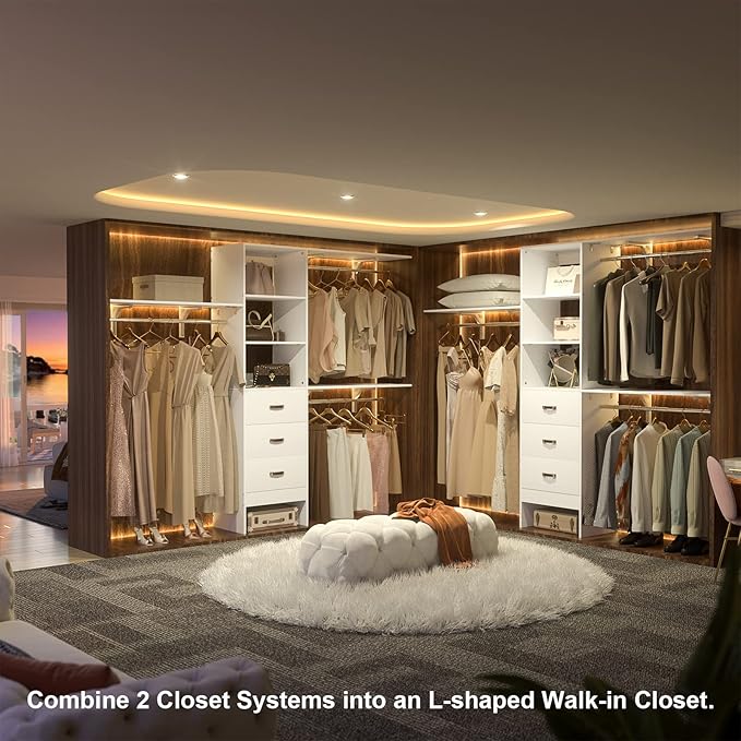 8FT Closet System, 96'' Closet Organizer System with 3 Hanging Rods, Wall Mount Bedroom Wardrobe with 3 Drawers Walk-in Closet, Adjustable Cloth Garment Rack from 5 to 8FT (Cut to Fit), White