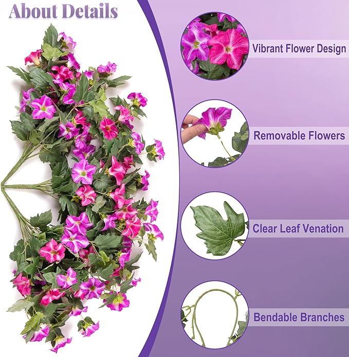 Artificial Hanging Fake Flowers with Basket Plants for Outdoor Decoration, Faux Silk Flower UV Resistant Morning Glory for Home Porch Patio Garden Balcony Yard Look Real (Fuchsia Lotus)