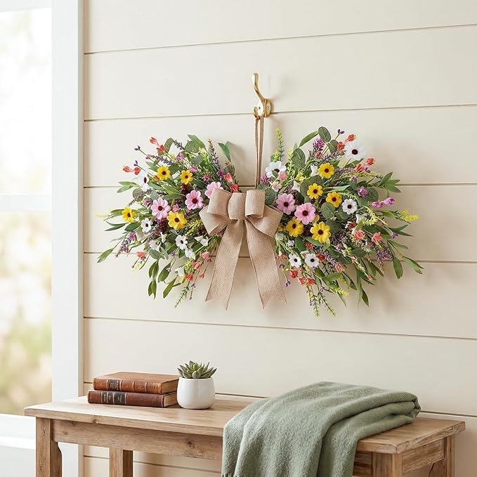 24inch Floral Swag Artificial Spring Lavender Daisy Swag with Wildflower Wisteria Front Door Twigs Leaves Flower Decorative Swag for Farmhouse Wedding Arch Party Wall Home Indoor Outdoor Holiday Decor