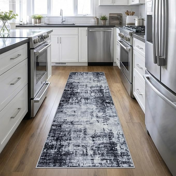 2.6'x10' Runner Rug Washable Rug: Modern Abstract Soft Thin Runner Rug Dark Black