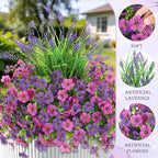 INQCMY Artificial Flowers for Outdoors UV Resistan 12 Pcs Silk Daisies with Eucalyptus Leaves and 2 Pcs Lavender Suitable for Porch Balcony Courtyard Garden (Red Lotus Deep Purple)