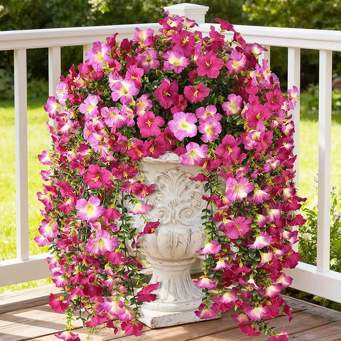 Artificial Fake Hanging Flowers Plants for Outdoor Spring Decoration,2 PCS Faux Silk Morning Glory with Eucalyptus Leaves,UV Resistant Realistic Trailing Vines for Balcony Porch Patio Yard Garden