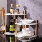 2-Tier Expandable Bamboo Corner Shelf - Dish/Plate Organizer for Cabinet, Kitchen Counter Shelf & Small Kitchen Shelf, Adjustable (6.7" H-White, 2-Tier)